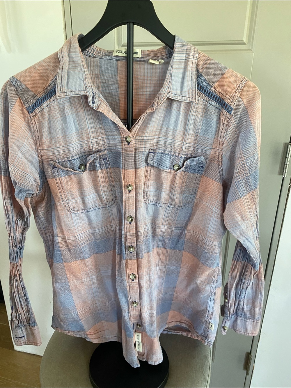 Womens Toad&Co Casual Plaid Button-Down Shirt — Light Blue & Peach